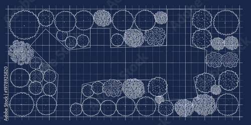 Top-down blueprint of a landscape design featuring trees shrubs and grid lines