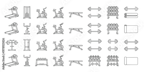 Comprehensive collection of gym equipment icons in clean outline style for fitness design