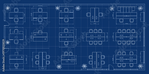 Office Layout Blueprint: Detailed Overhead Plan for Modern Workspace Design