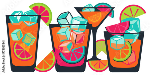 Vibrant illustration of refresh tropical drinks with ice and citrus garnish