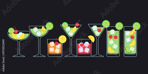 Vibrant illustration of various cocktails with garnishes on a dark background