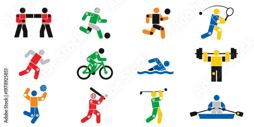 Diverse Athletic Stick Figures Engage in Various Sport Activities 
