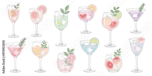 Vibrant illustration of various refreshing citrus cocktails with garnishes