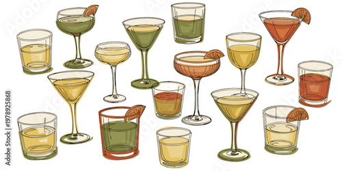 Illustration of various cocktails in different glasses perfect for celebration designs