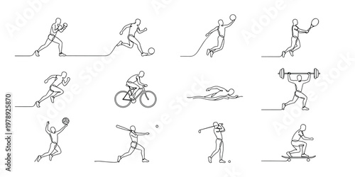 Minimalist One Line Art of Diverse Athletes Engage in Various Sports Activities
