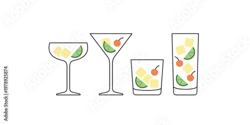 Minimalist illustration of various empty cocktail glasses with fruit garnishes and ice