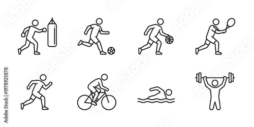 Clean line icon set of various sport and exercise activities for active lifestyle