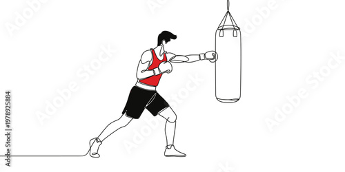 Continuous Line Drawing: Dynamic Boxer Training with Punching Bag in Minimalist Style