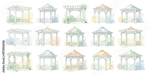 Watercolor illustrations of various pergolas and gazebos 