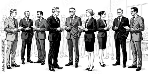 Professional business people in formal wear discuss documents in a corporate setting