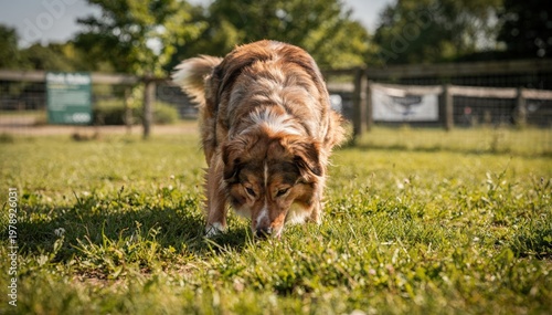 Focused medium shot of a playful dog sniffing the grass in a fenced open field background showing soft blurred trees and park signage.