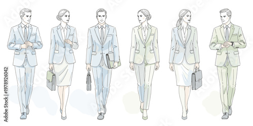 Professional Business People Walk in Elegant Suits Watercolor Sketch Style Illustration