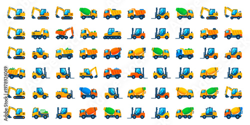 Vibrant collection of construction vehicles heavy machinery transport equipment icons set