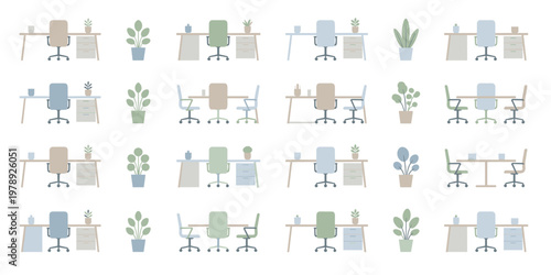 Seamless pattern of various office desks chairs and potted plants in pale colors
