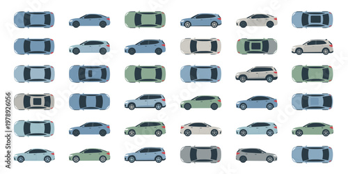 Collage of diverse passenger cars in various colors and perspectives studio shot