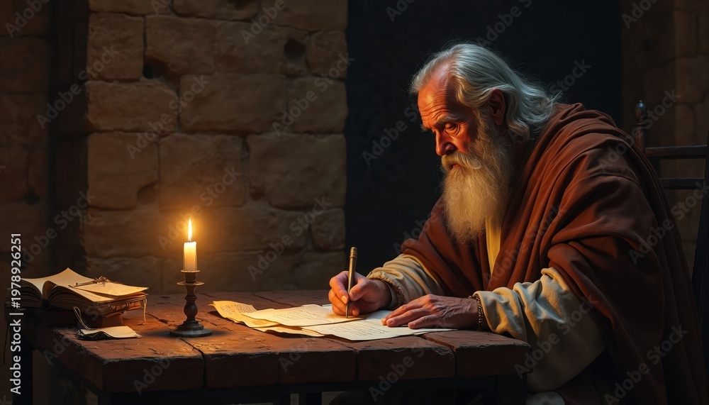 Fototapeta premium Elderly man with long white beard writes letter by dim candlelight. Old scholar in robes works on parchment in stone cell. Ancient book lies open on desk.