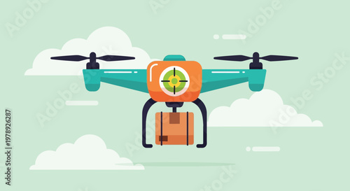 A teal delivery drone with a package suspended below it floats against a pale blue cloudy background