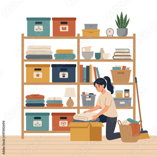 Woman organizing books and storage boxes on a wooden shelving unit at home