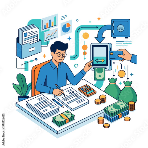 Businessman analyzing financial data on a tablet with money and graphs around him