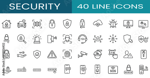 Security and cyber protection web line icons set featuring padlock, shield lock, eye scan, fingerprint recognition, CCTV camera, cloud safety, and more Vector Illustration with editable stroke.