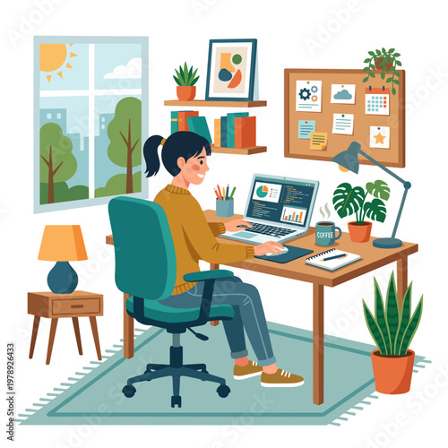 Woman sitting at desk with laptop and plants in a cozy home office setting