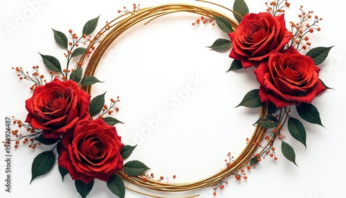 Round gold frame with red roses and green leaves. Delicate floral border with tiny berries. Elegant natural element for cards, invitations, and celebrations. Romantic decorative design.