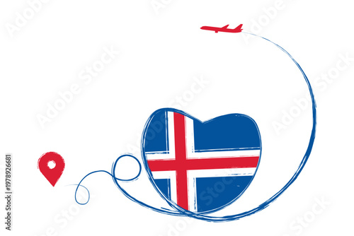 Flag of Iceland. Heart, love romantic travel. Symbol of airplane, air plane, aircraft, aeroplane, flying, fly jet airline. Line path. Vector location pointer route. Travel for your web site design, ap