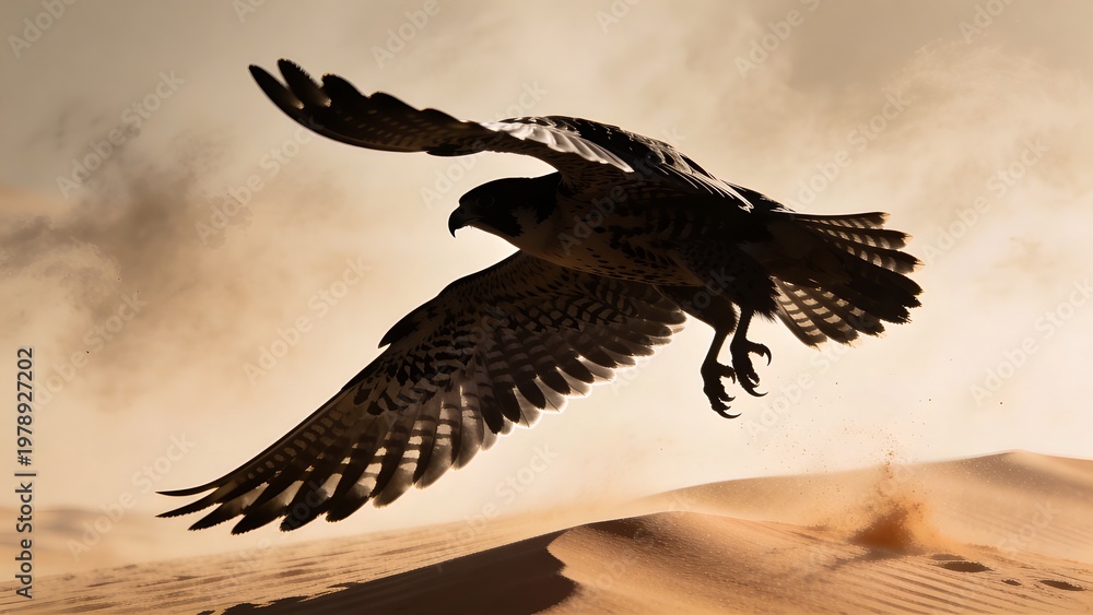 Naklejka premium Falcon Mid Descent Above Desert Dunes with Luminous Sky for Striking Wildlife Art and Decor