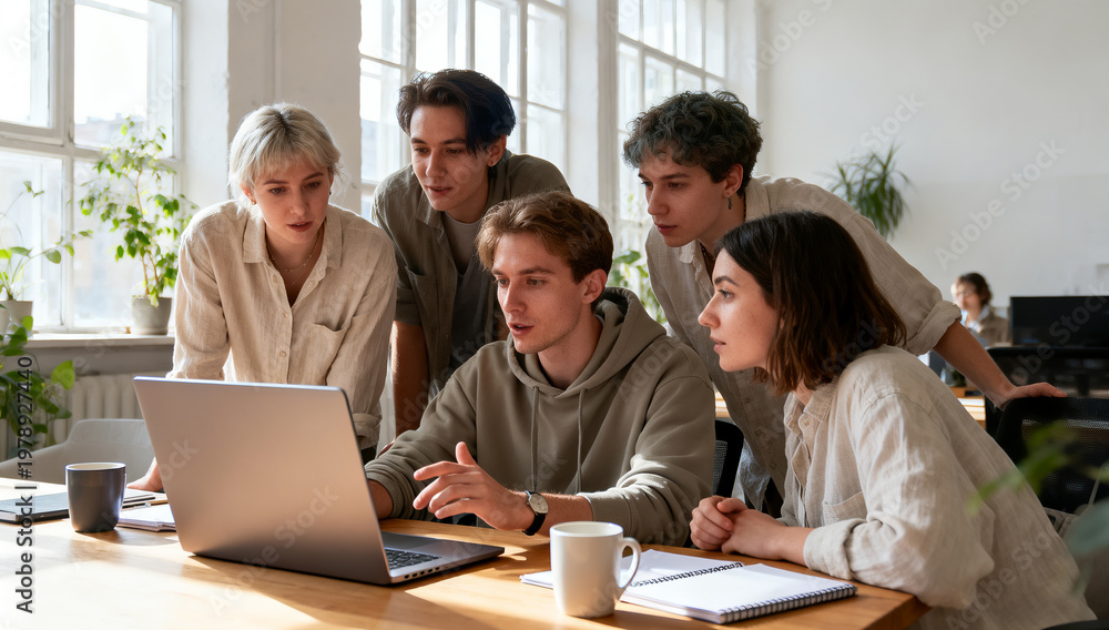 Fototapeta premium Group of young professionals discussing project ideas around laptop on wooden table.