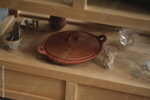 Wooden shelf with clay pot minimal rustic kitchen interior stilllife