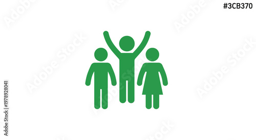 A simple illustration depicts three green figures with one raising their arms in a celebratory gesture