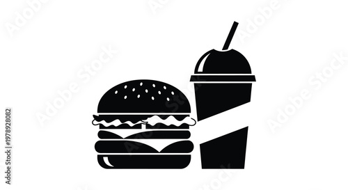 Black silhouette of a burger and drink combo simple food illustration silhouette