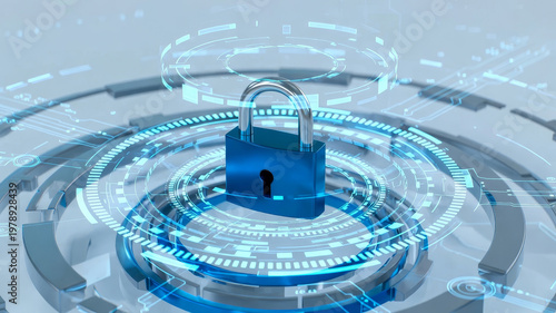 A digital padlock surrounded by glowing holographic technology elements, symbolizing cybersecurity and data protection.