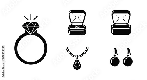 Black jewelry icons depicting rings necklaces and earrings silhouette