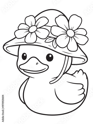 Cute ducklinng with flower hat coloring page for kids