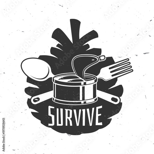 Open canned fish with spoon and fork and pine cone outdoor camping scene vector illustration survival food cooking design for t shirt poster sticker isolated on white background
