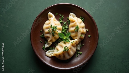 Three plump dumplings sit on a brown plate garnished with fresh green herbs. This dish looks delicious and ready to eat for any meal. Its perfect for food blogs or restaurant menus.