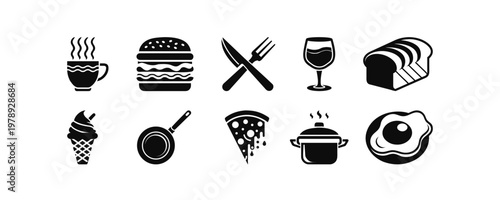Food and kitchen icon collection featuring coffee cup, burger, cutlery, wine glass, bread loaf, ice cream, frying pan, pizza slice, cooking pot and fried egg symbols in bold black style.