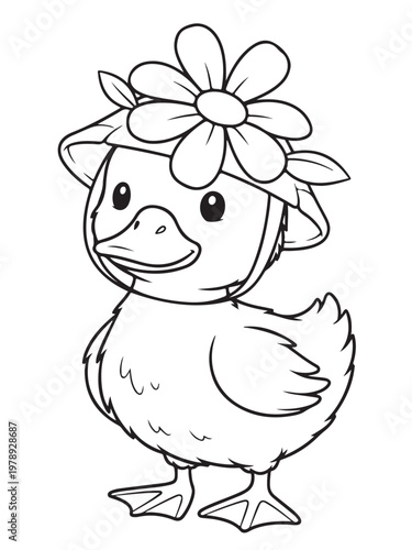 Cute ducklinng with flower hat coloring page for kids
