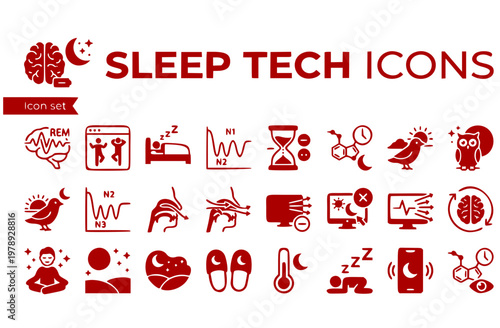 Sleep Tech Icon Set REM Cycle Sleep Stages Sleep Debt Melatonin Timing Chronotype Sleep Apnea Blue Light Exposure Wellness App Vector Illustration