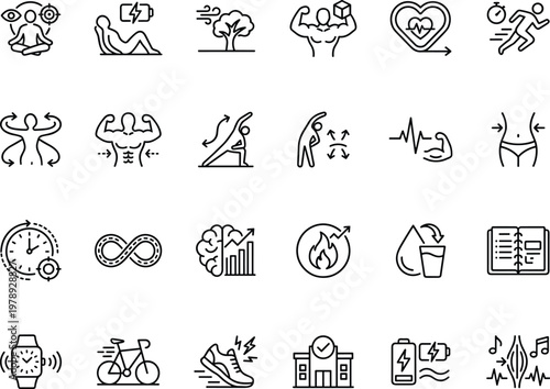 A collection of fitness and wellness icons on a white background for healthy lifestyle concepts