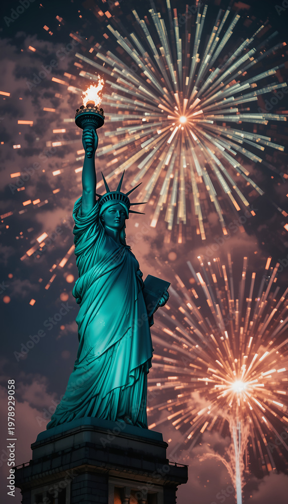 Fototapeta premium Statue of Liberty with spectacular fireworks in the night sky for Independence Day celebration
