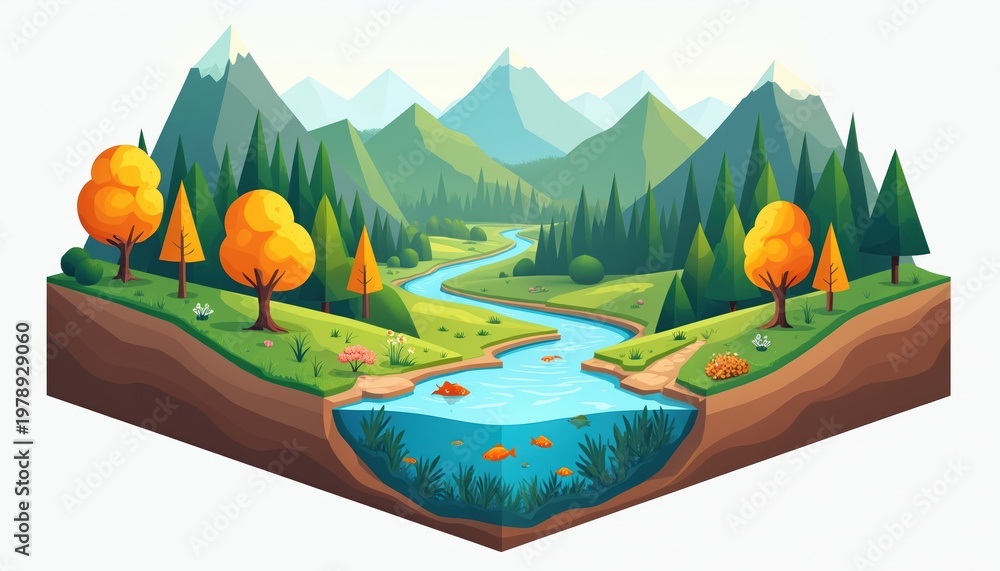 Obraz premium Isometric view of forest landscape with river and mountains. Trees, fish in water show ecosystem health. Rich green grass, blue water, scenic nature background.