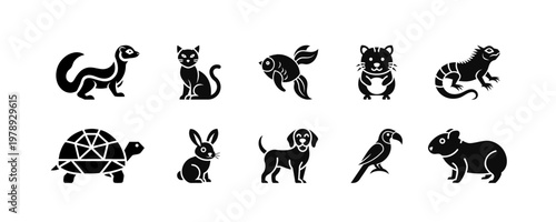 Animal icon set with small house pets and wildlife silhouettes including ferret, cat, fish, hamster, lizard, turtle, rabbit, dog, bird and rodent icons in minimal black style.