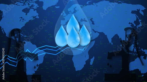 Conceptual Digital Illustration Of The Global Water Crisis Featuring Four Large Blue Water Drops Centered Over A Dark Blue World Map Background With Floating Digital Data Points, Silhouettes Of Manual