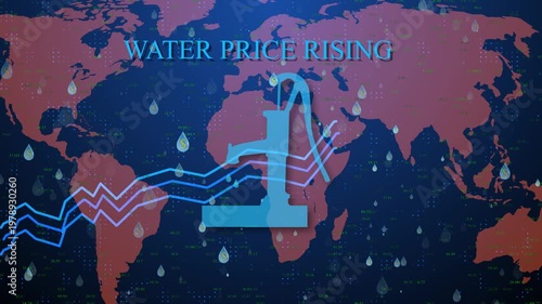 Conceptual Animation Of Rising Global Water Prices Featuring A Blue Manual Hand Pump Over A Digital World Map With Upward-trending Line Graphs And Dollar-signed Water Droplets Under A Glowing Dark Blu