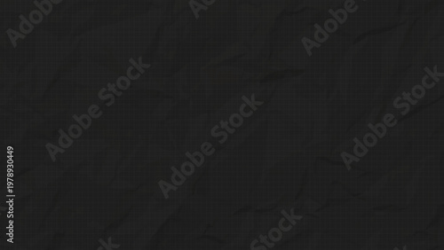 Crumpled black paper background with a subtle checkered grid pattern. Dark wrinkled texture for minimalist designs, technical layouts, and industrial posters. Vector illustration.