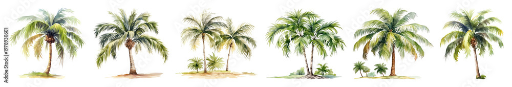 Fototapeta premium PNG Tropical palm trees watercolor illustration, transparent background