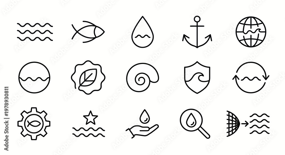 Fototapeta premium Maximum ultra-simplified ocean conservation and blue economy web icons in line art style. Symbols of marine protection, sustainable water resources, and sea life preservation. Clean black and white ve