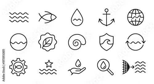 Maximum ultra-simplified ocean conservation and blue economy web icons in line art style. Symbols of marine protection, sustainable water resources, and sea life preservation. Clean black and white ve